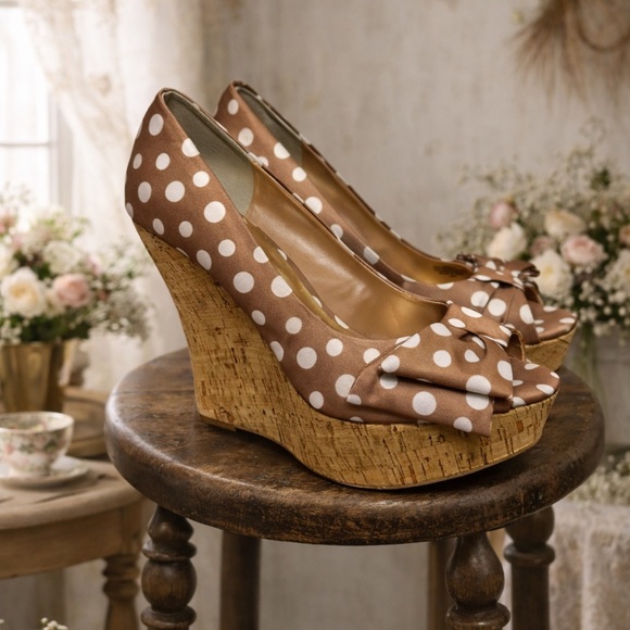 Paris Hilton Shoes - Paris Hilton Brown & White, Polka Dot, Retro, Bow, Wedges
